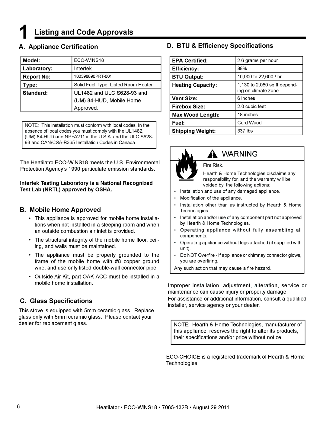 Heatiator ECO-WINS18 owner manual Listing and Code Approvals, Appliance Certification, BTU & Efficiency Specifications 