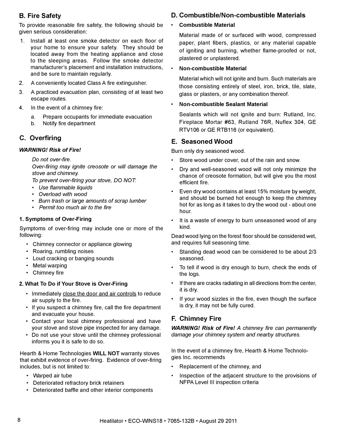 Heatiator ECO-WINS18 Fire Safety, Overfiring, Combustible/Non-combustible Materials, Seasoned Wood, Chimney Fire 