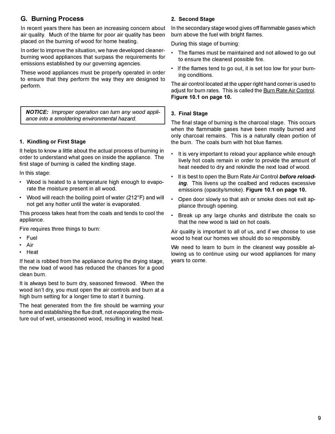 Heatiator ECO-WINS18 owner manual Burning Process, Second Stage, Kindling or First Stage, Final Stage 