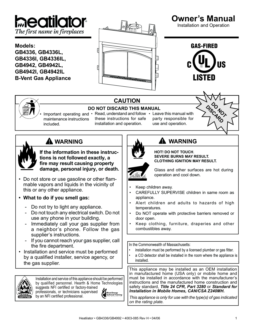 Heatiator owner manual What to do if you smell gas, Models GB4336, GB4336L GB4336I, GB4336IL, B-VentGas Appliance 