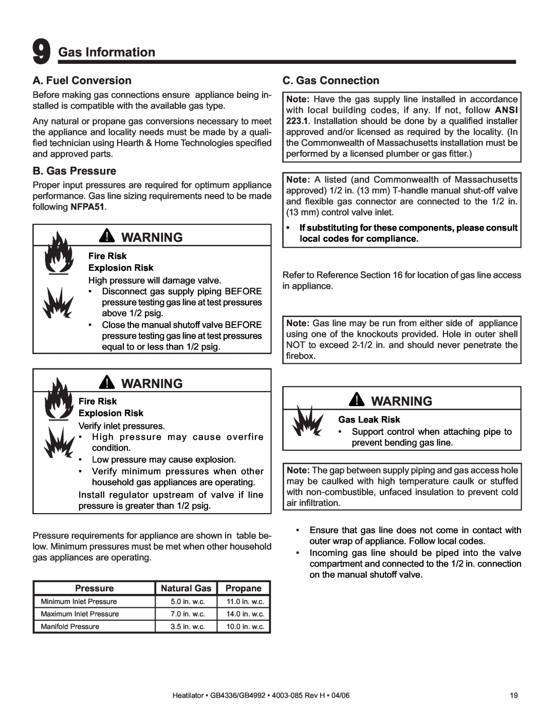 Heatiator GB4336 9Gas Information, A. Fuel Conversion, C. Gas Connection, B. Gas Pressure, Fire Risk Explosion Risk 