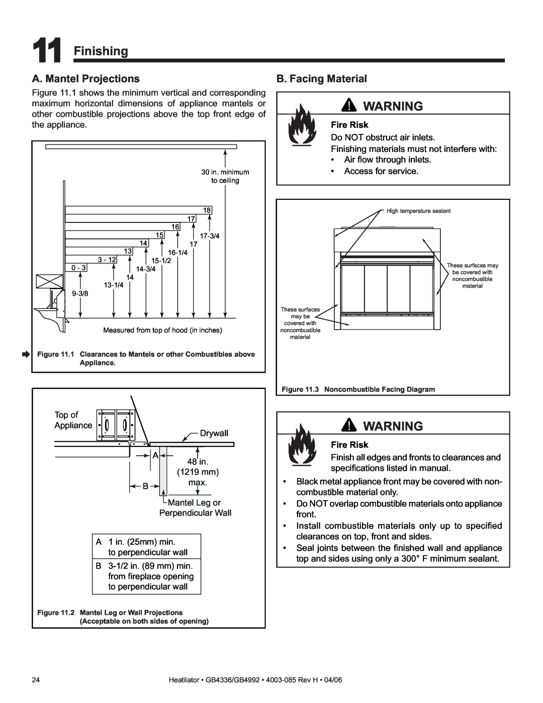 Heatiator GB4336 owner manual Finishing, A. Mantel Projections, B. Facing Material, Fire Risk 