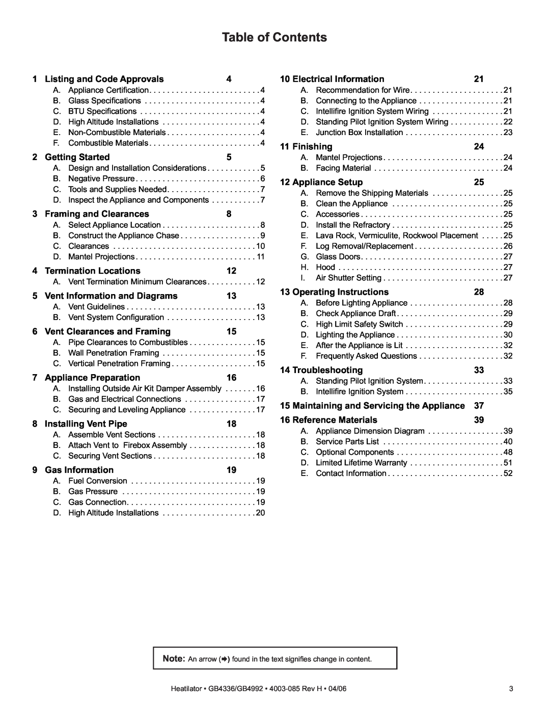 Heatiator GB4336 Table of Contents, Listing and Code Approvals, Getting Started, Framing and Clearances, Gas Information 