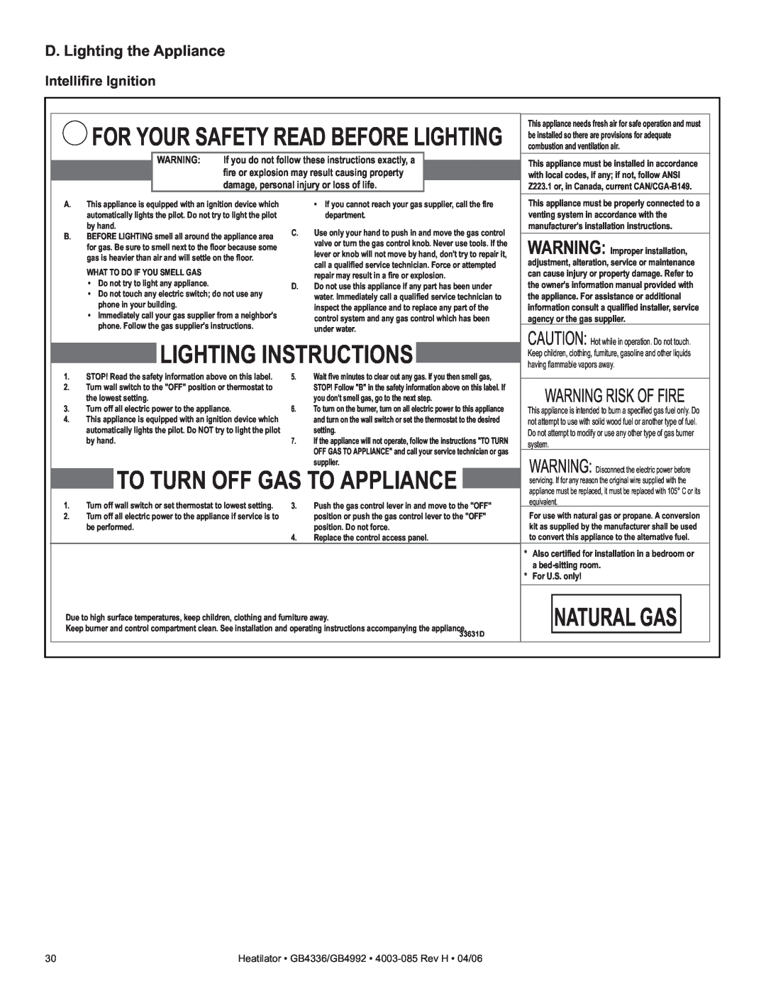 Heatiator GB4336 D. Lighting the Appliance, Warning Risk Of Fire, For Your Safety Read Before Lighting, Natural Gas 