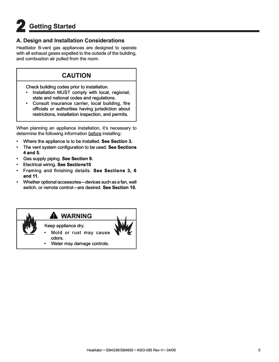 Heatiator GB4336 owner manual 2Getting Started, A. Design and Installation Considerations 