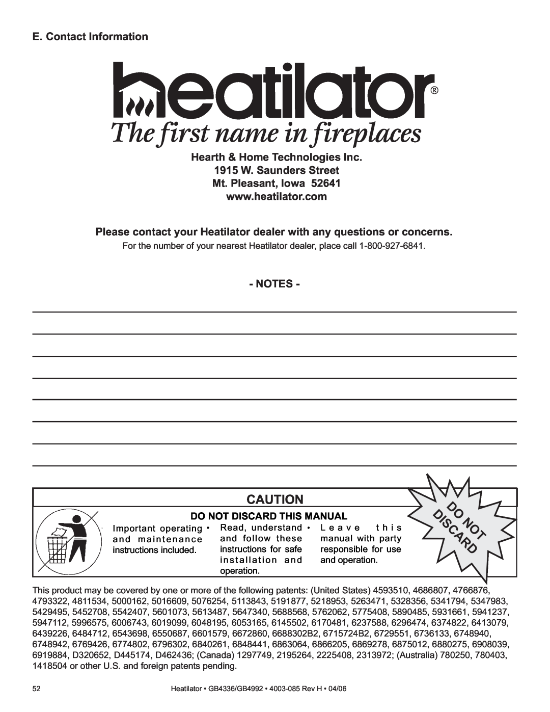 Heatiator GB4336 E. Contact Information, Hearth & Home Technologies Inc, 1915 W. Saunders Street Mt. Pleasant, Iowa 