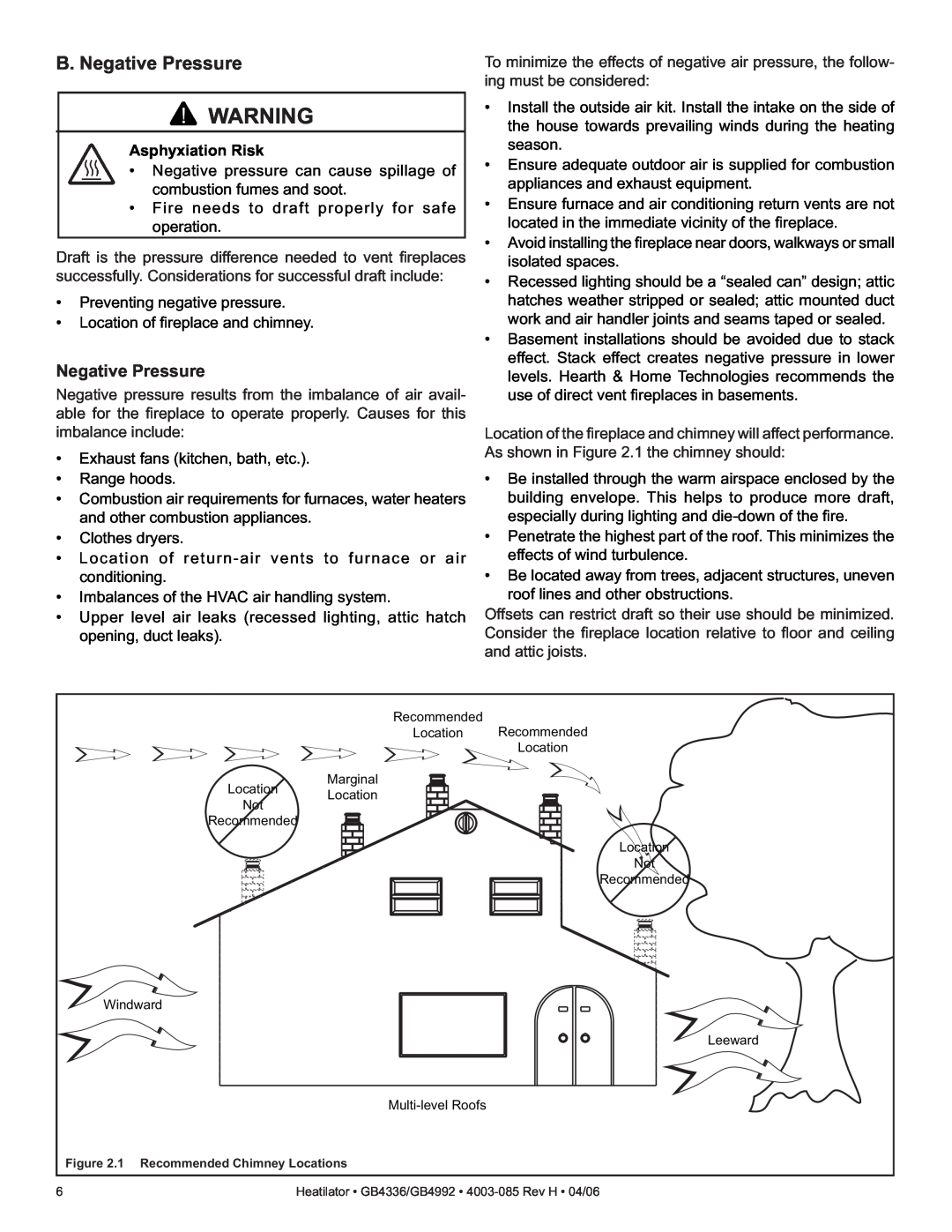 Heatiator GB4336 owner manual B. Negative Pressure, Asphyxiation Risk 