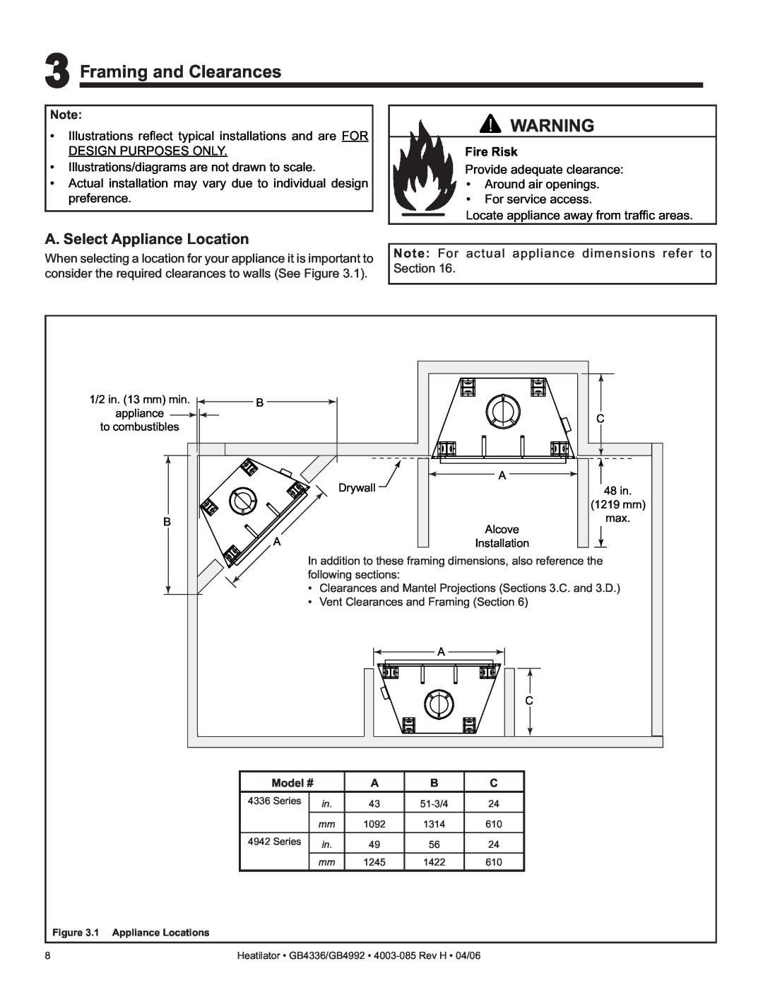 Heatiator GB4336 owner manual 3Framing and Clearances, A. Select Appliance Location, Fire Risk 