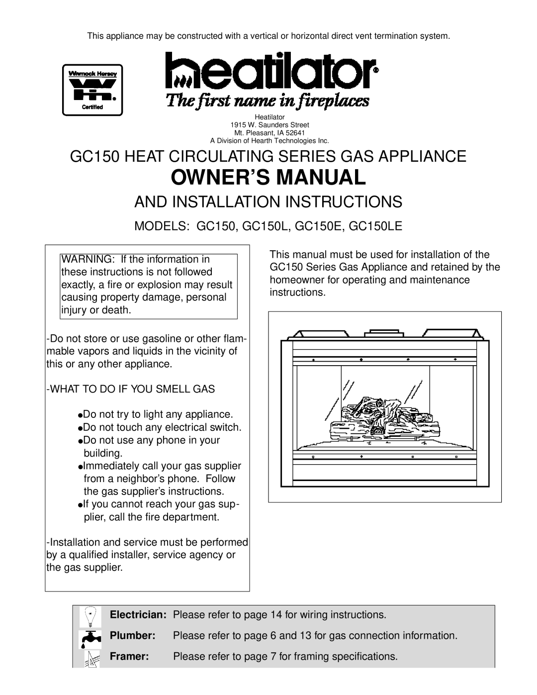 Heatiator owner manual Models GC150, GC150L, GC150E, GC150LE 