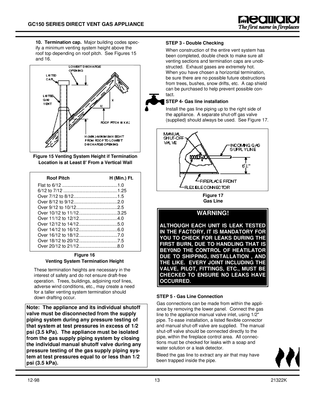 Heatiator GC150 Venting System Termination Height, Double Checking, Gas line installation, Gas Line Connection 