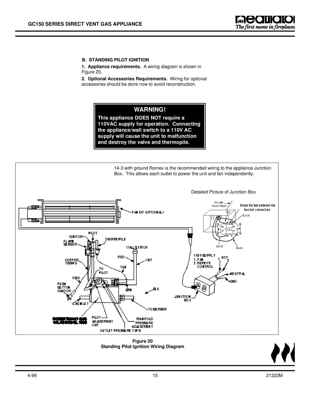 Heatiator GC150 owner manual Standing Pilot Ignition Wiring Diagram 