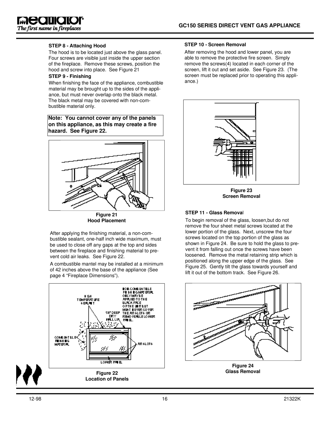 Heatiator GC150 owner manual Attaching Hood, Finishing, Hood Placement, Location of Panels, Screen Removal 