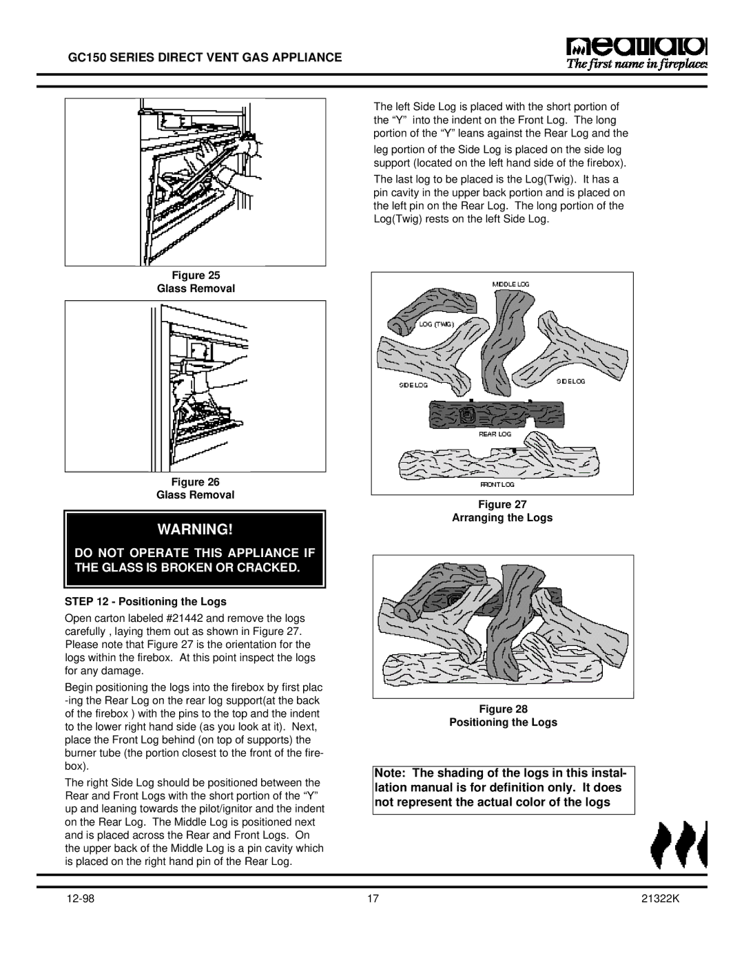 Heatiator GC150 owner manual Arranging the Logs Positioning the Logs 