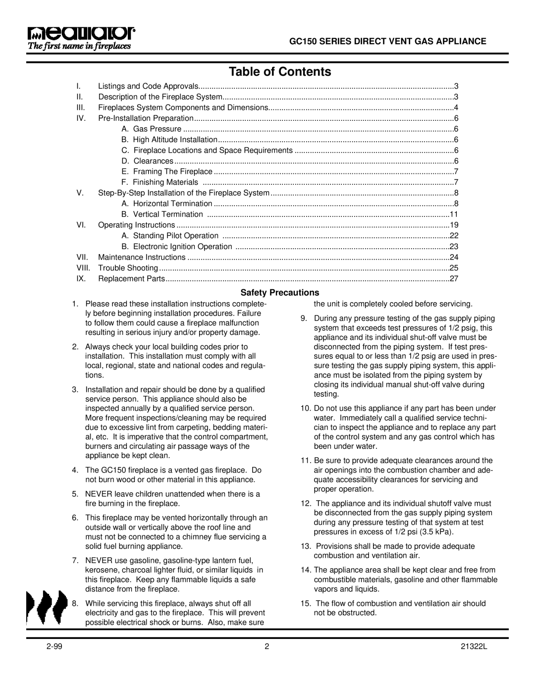 Heatiator GC150 owner manual Table of Contents 