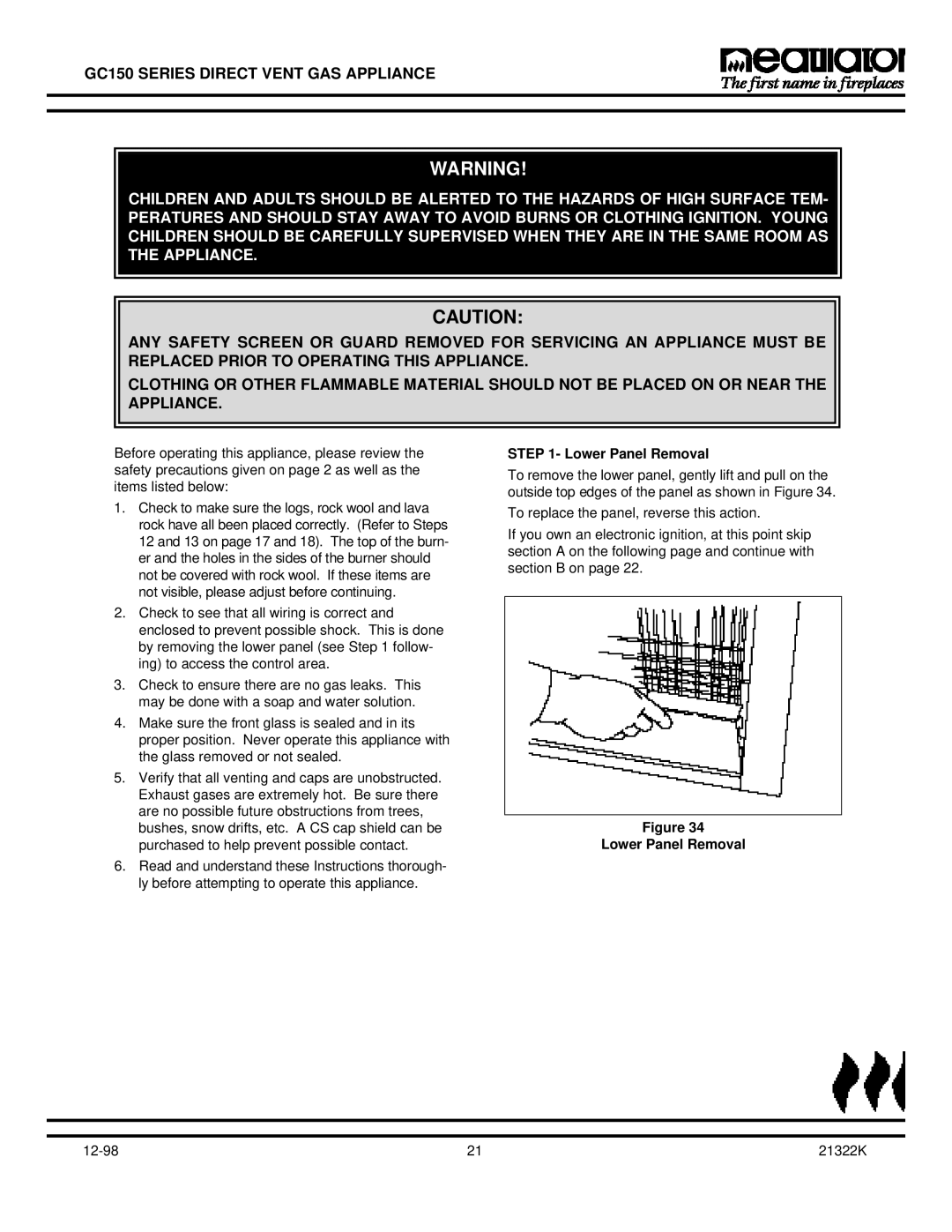 Heatiator GC150 owner manual Lower Panel Removal 