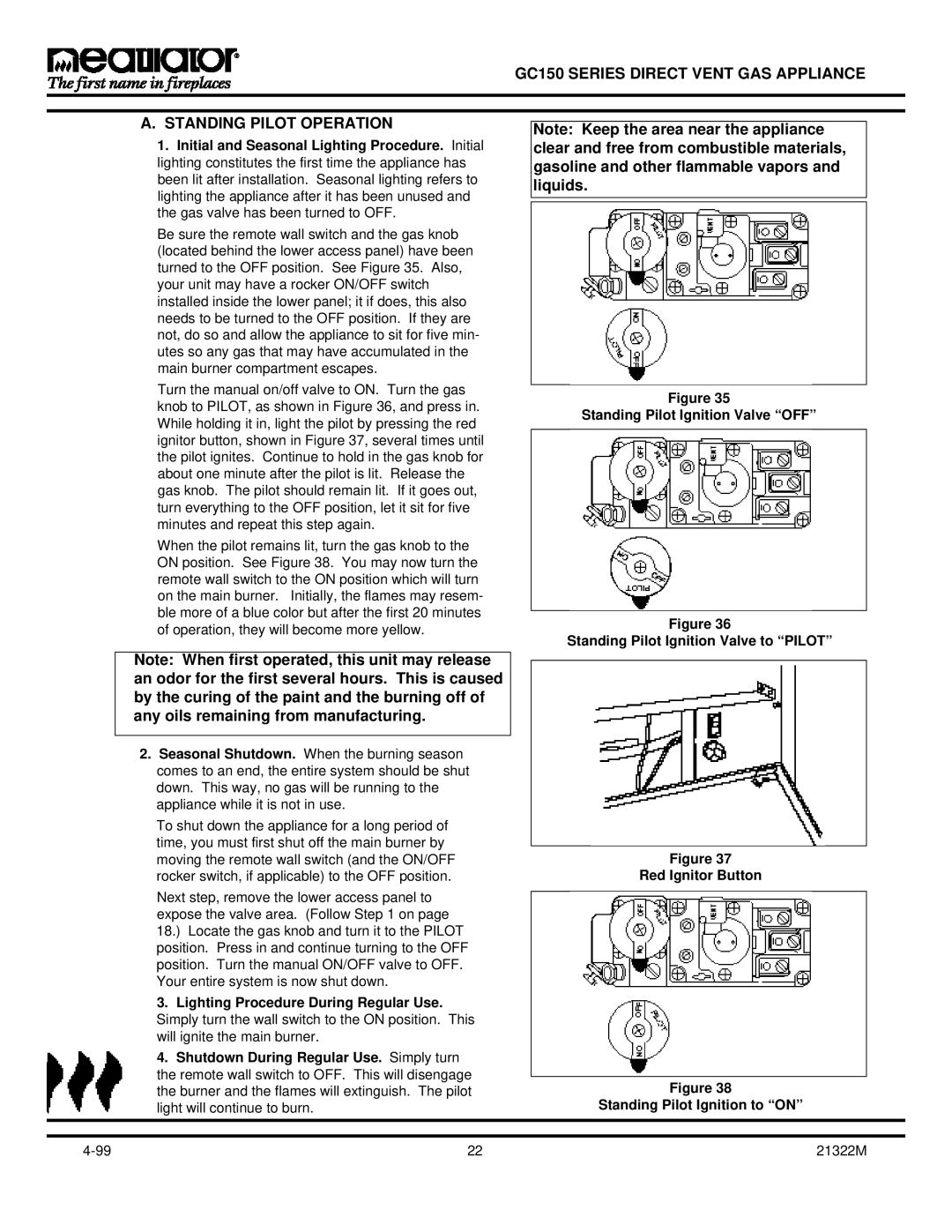 Heatiator GC150 owner manual Standing Pilot Operation 