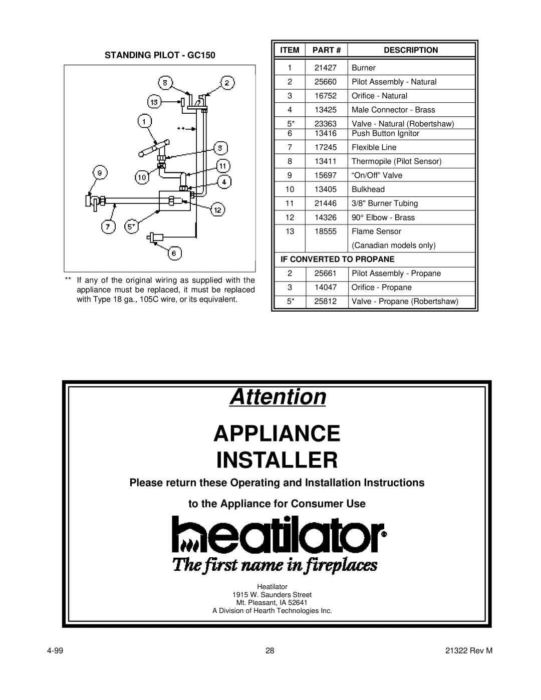 Heatiator GC150 owner manual Appliance Installer 