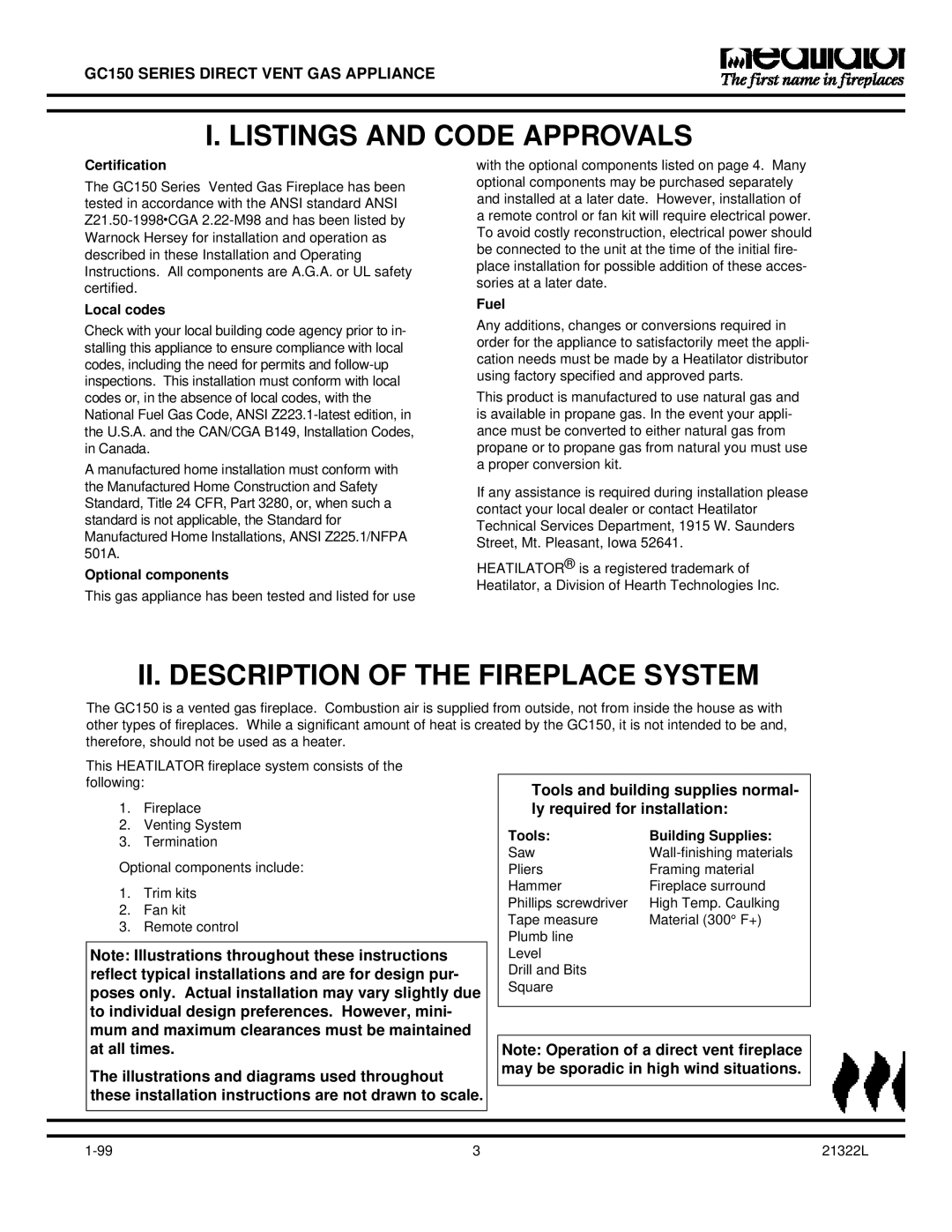 Heatiator GC150 owner manual Listings and Code Approvals, II. Description of the Fireplace System 