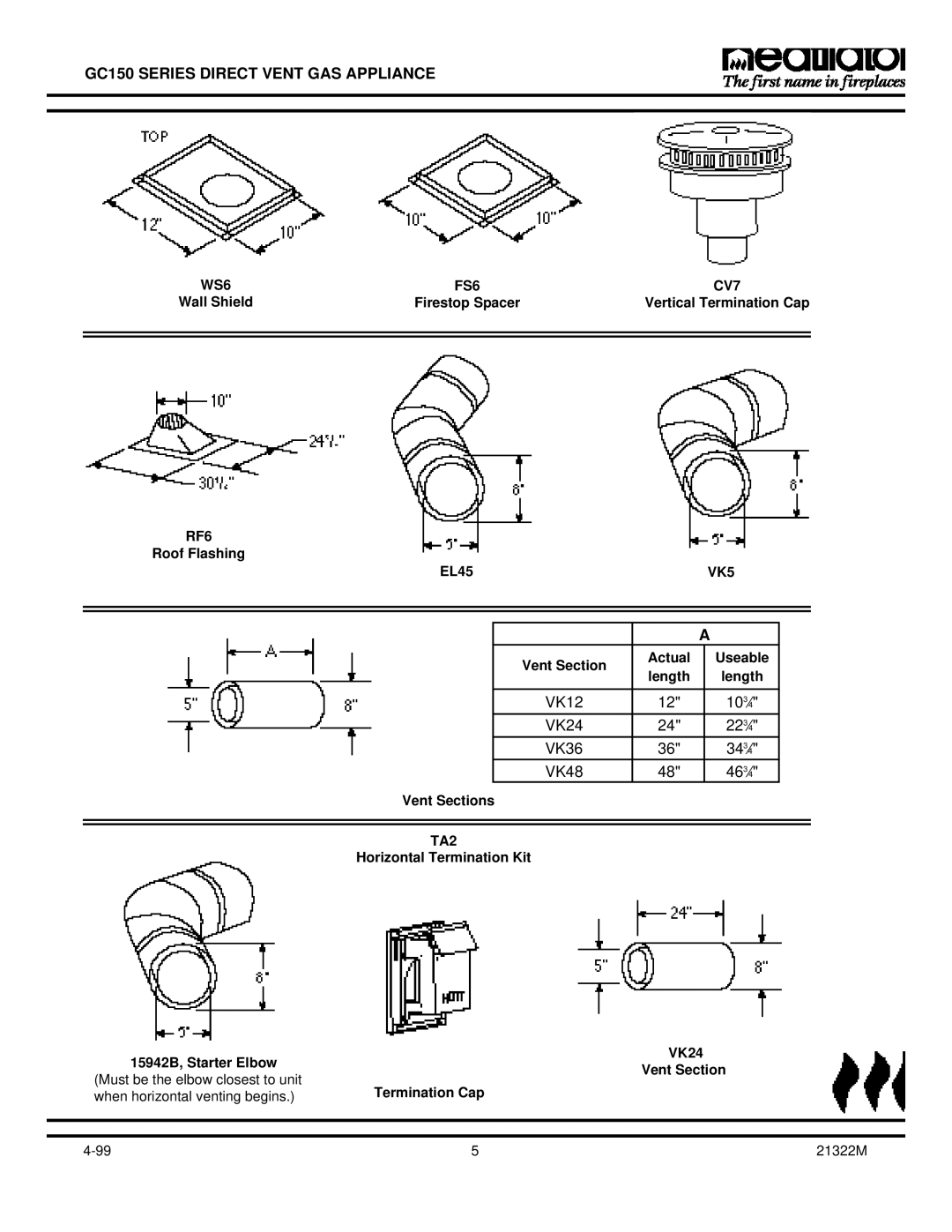 Heatiator GC150 owner manual Wall Shield, Roof Flashing, Firestop Spacer Vertical Termination Cap EL45, Vent Sections 