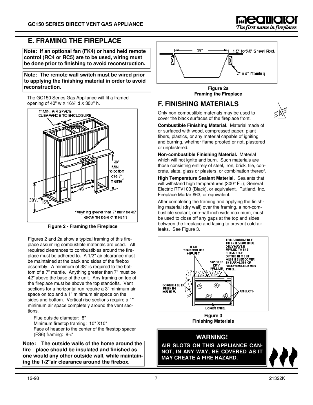 Heatiator GC150 owner manual Framing the Fireplace, Finishing Materials 