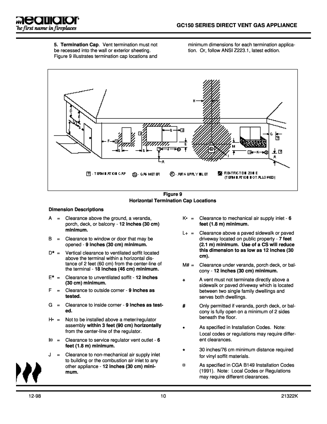 Heatiator GC150 SERIES DIRECT VENT GAS APPLIANCE, Figure Horizontal Termination Cap Locations, Dimension Descriptions 
