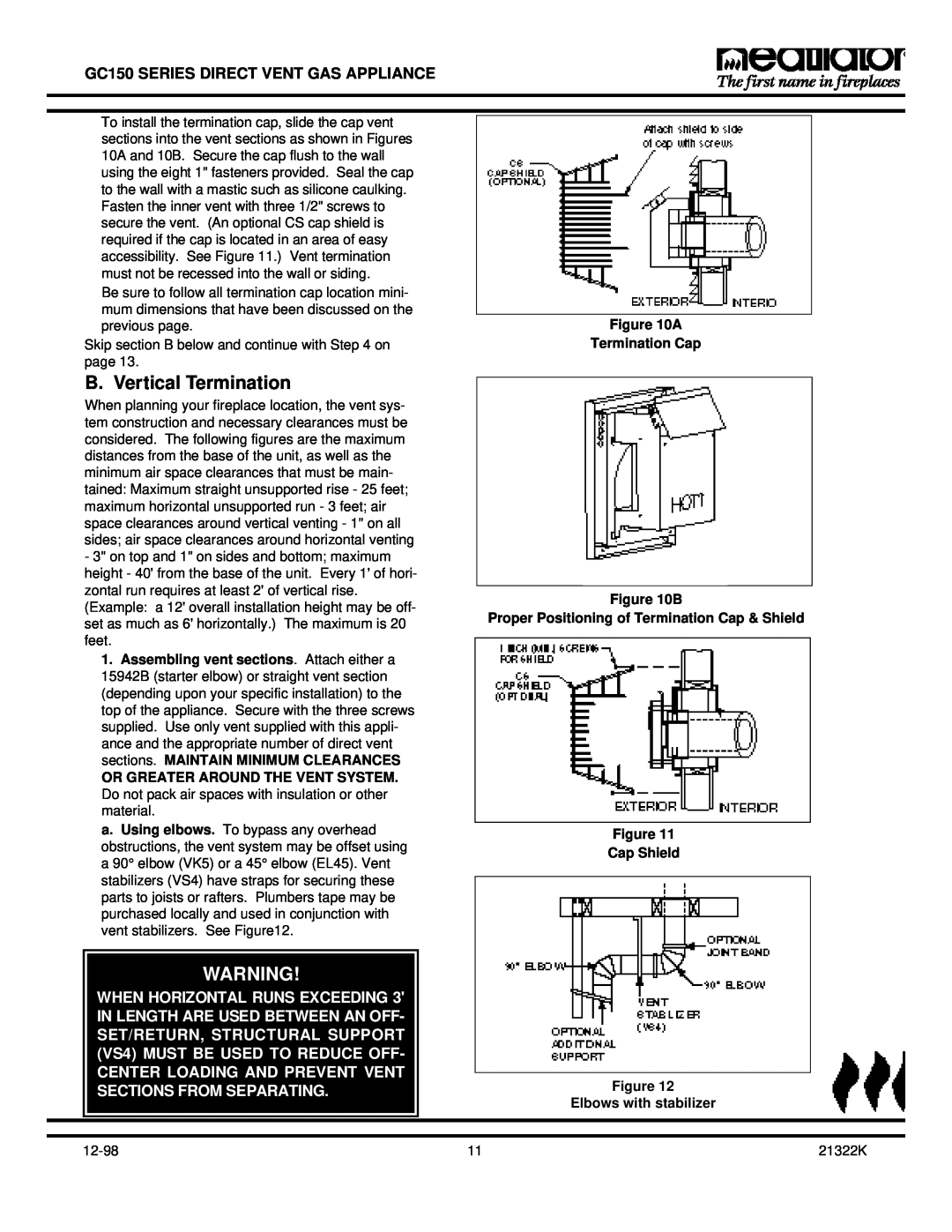 Heatiator owner manual B. Vertical Termination, GC150 SERIES DIRECT VENT GAS APPLIANCE, A Termination Cap B 