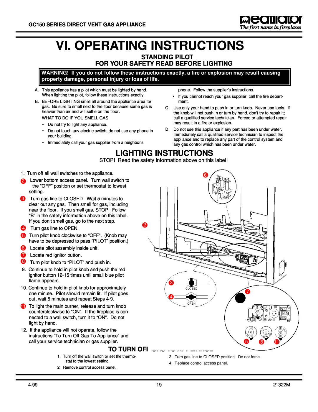 Heatiator GC150 Vi. Operating Instructions, Lighting Instructions, Standing Pilot, For Your Safety Read Before Lighting 