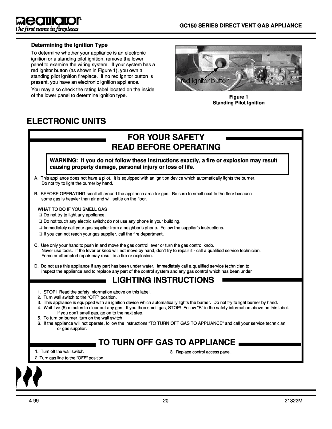 Heatiator GC150 owner manual Electronic Units For Your Safety, Read Before Operating, To Turn Off Gas To Appliance 