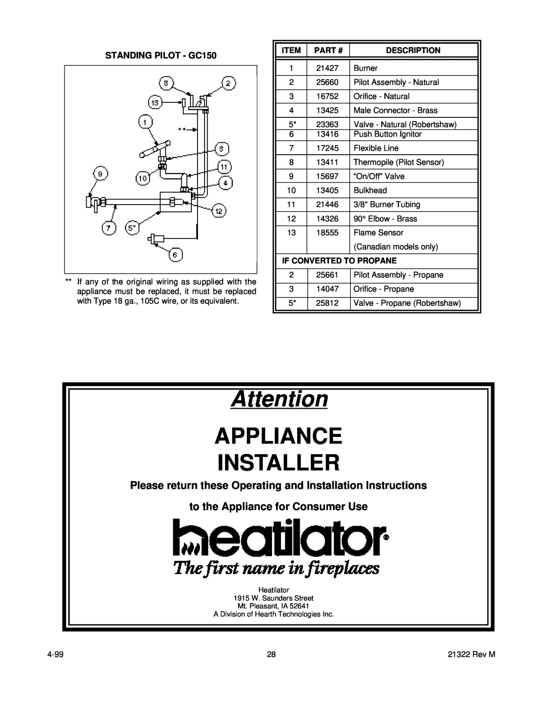 Heatiator to the Appliance for Consumer Use, Appliance Installer, STANDING PILOT - GC150, Part #, Description 