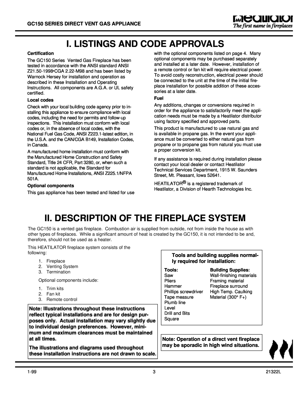 Heatiator GC150 owner manual I. Listings And Code Approvals, Ii. Description Of The Fireplace System 
