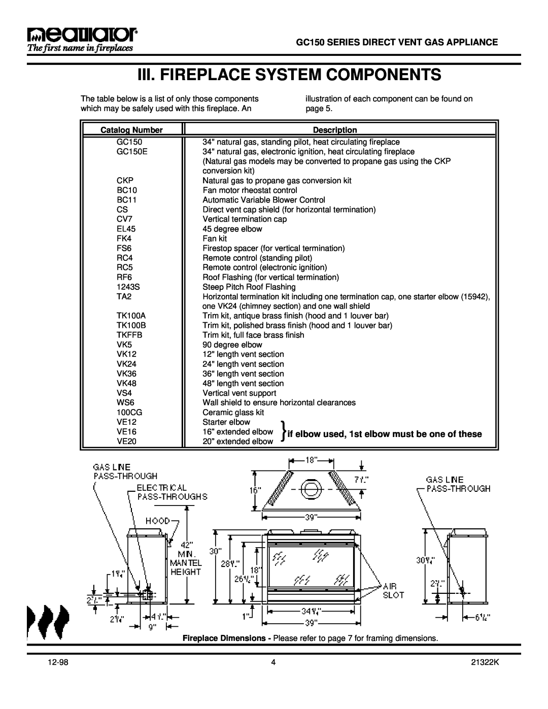 Heatiator Iii. Fireplace System Components, GC150 SERIES DIRECT VENT GAS APPLIANCE, Catalog Number, Description 