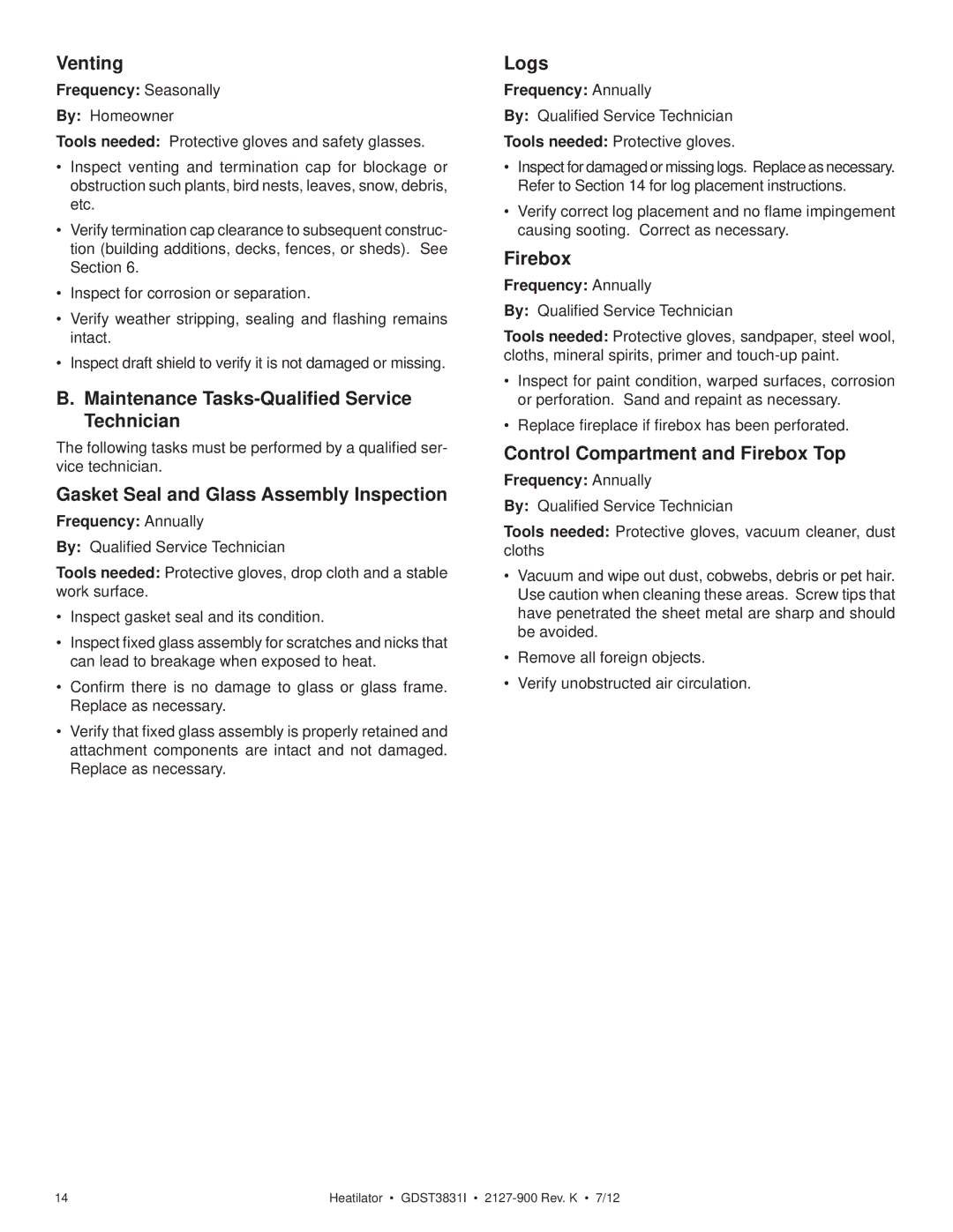 Heatiator GDST3831I Venting, Maintenance Tasks-Qualiﬁed Service Technician, Gasket Seal and Glass Assembly Inspection 