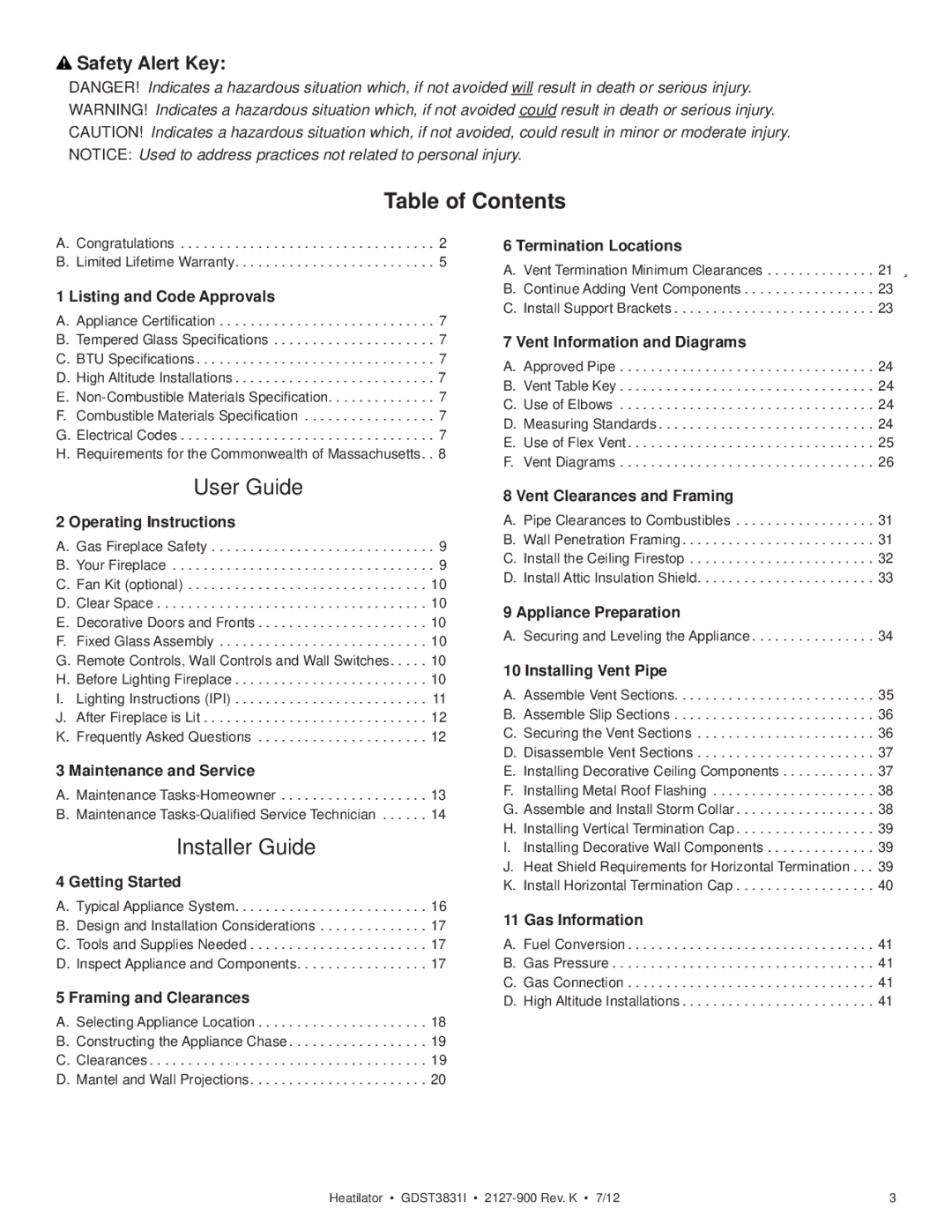 Heatiator GDST3831I owner manual Table of Contents, User Guide 