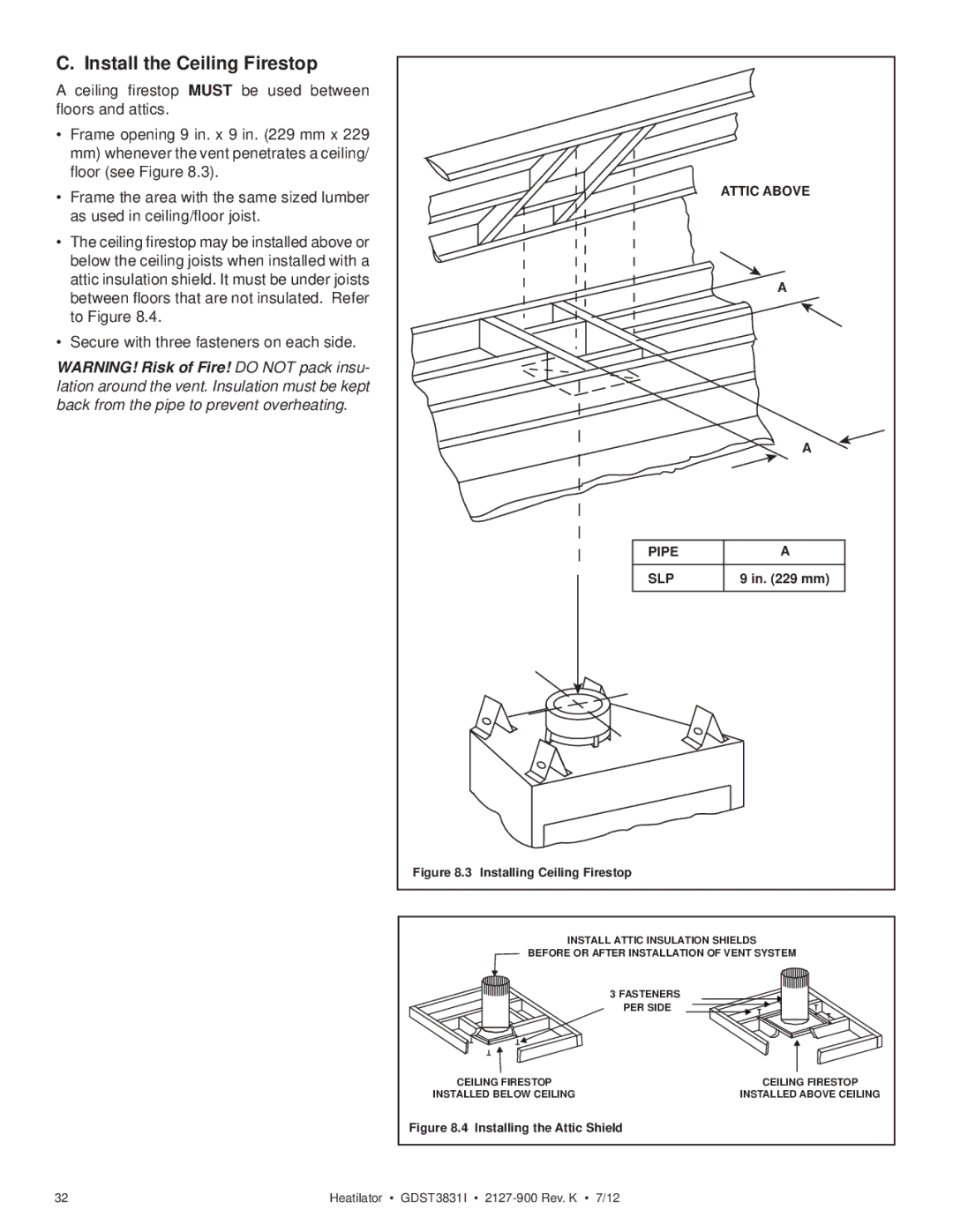 Heatiator GDST3831I owner manual Install the Ceiling Firestop, Pipe SLP 