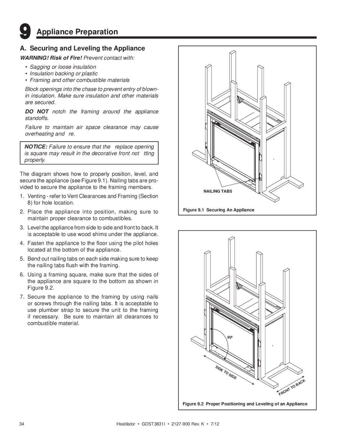 Heatiator GDST3831I owner manual Appliance Preparation, Securing and Leveling the Appliance 