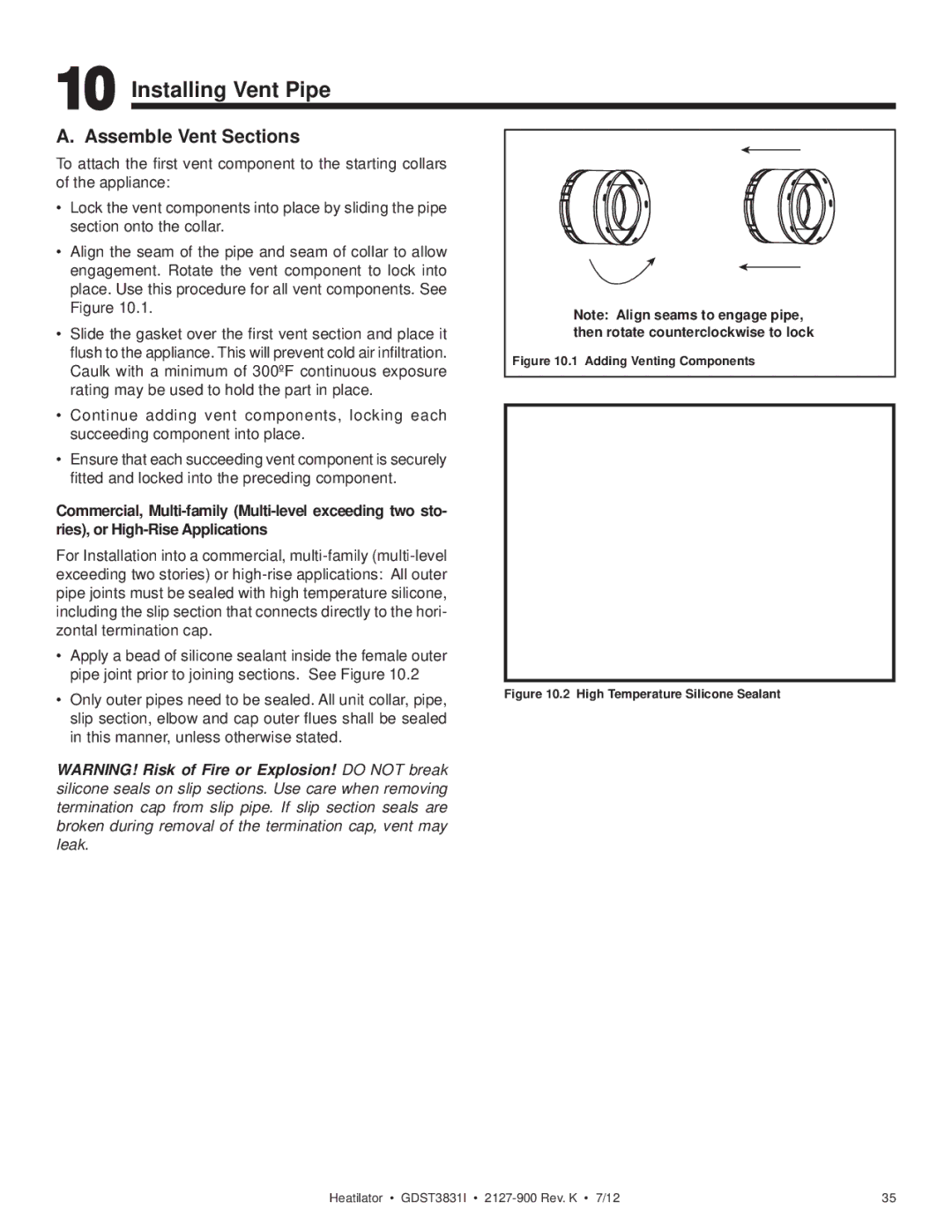 Heatiator GDST3831I owner manual Installing Vent Pipe, Assemble Vent Sections 