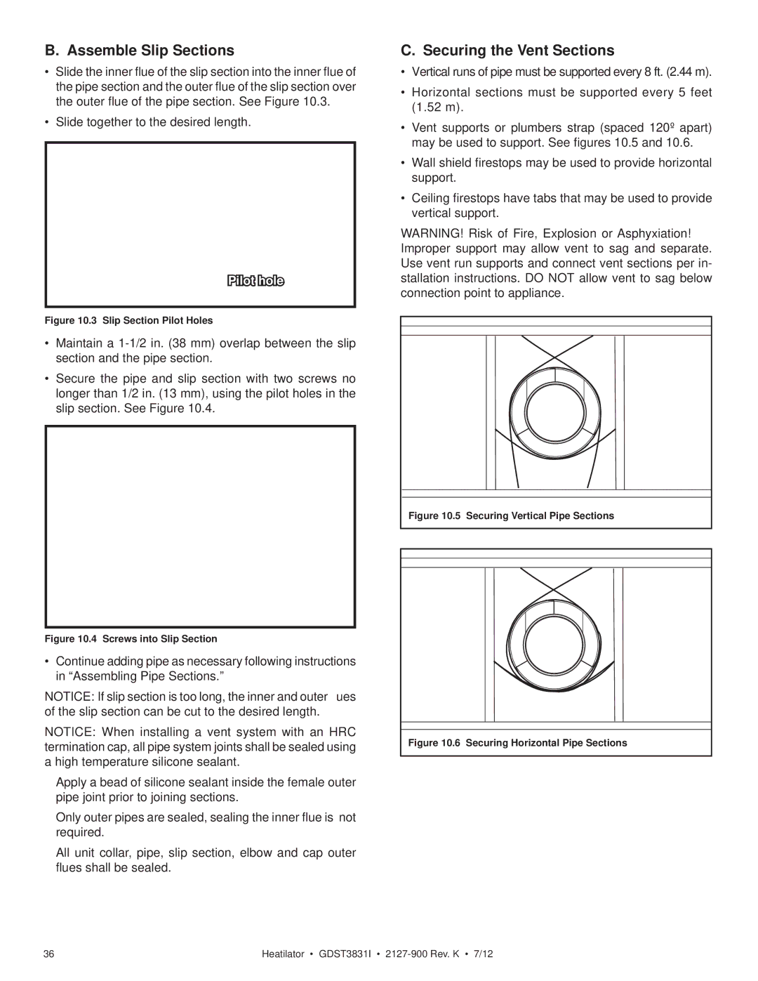 Heatiator GDST3831I owner manual Assemble Slip Sections, Securing the Vent Sections 