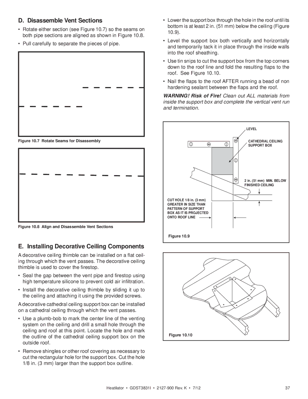 Heatiator GDST3831I owner manual Disassemble Vent Sections, Installing Decorative Ceiling Components 