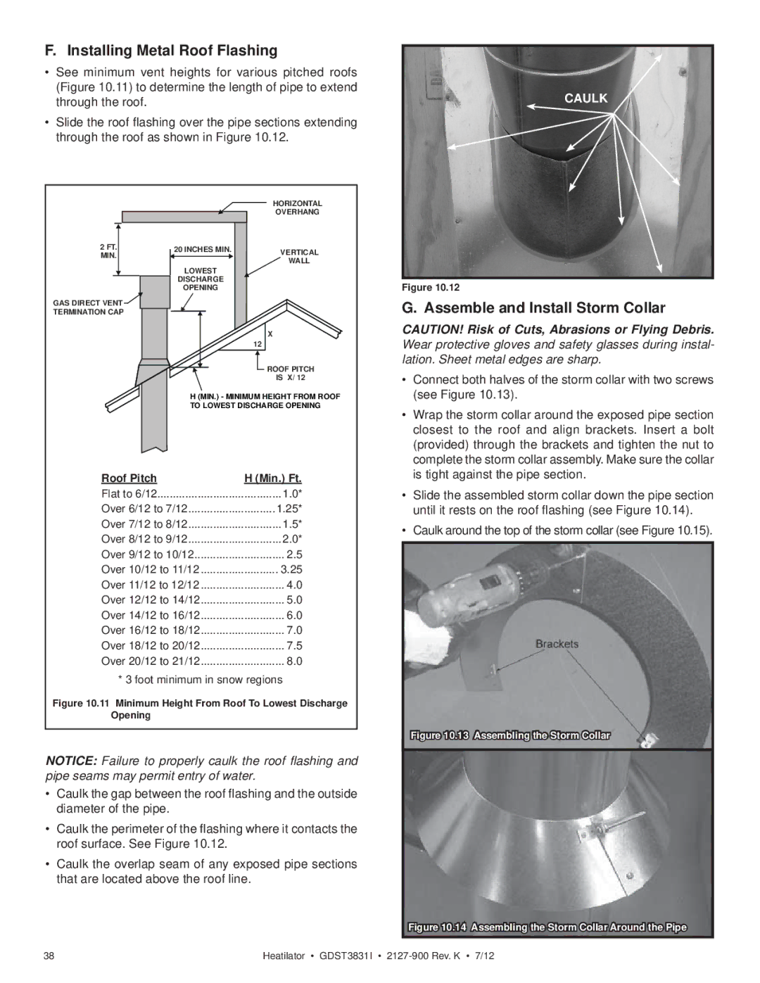 Heatiator GDST3831I owner manual Installing Metal Roof Flashing, Assemble and Install Storm Collar 