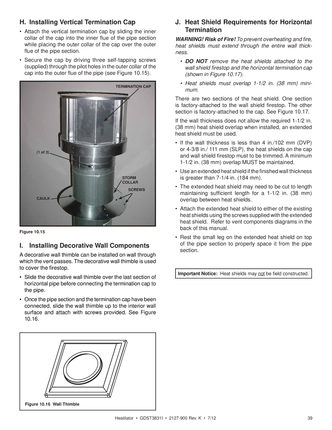 Heatiator GDST3831I owner manual Installing Vertical Termination Cap, Installing Decorative Wall Components 