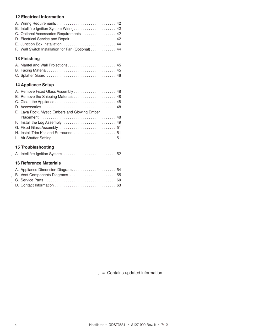 Heatiator GDST3831I owner manual Electrical Information, Finishing, Appliance Setup, Troubleshooting, Reference Materials 