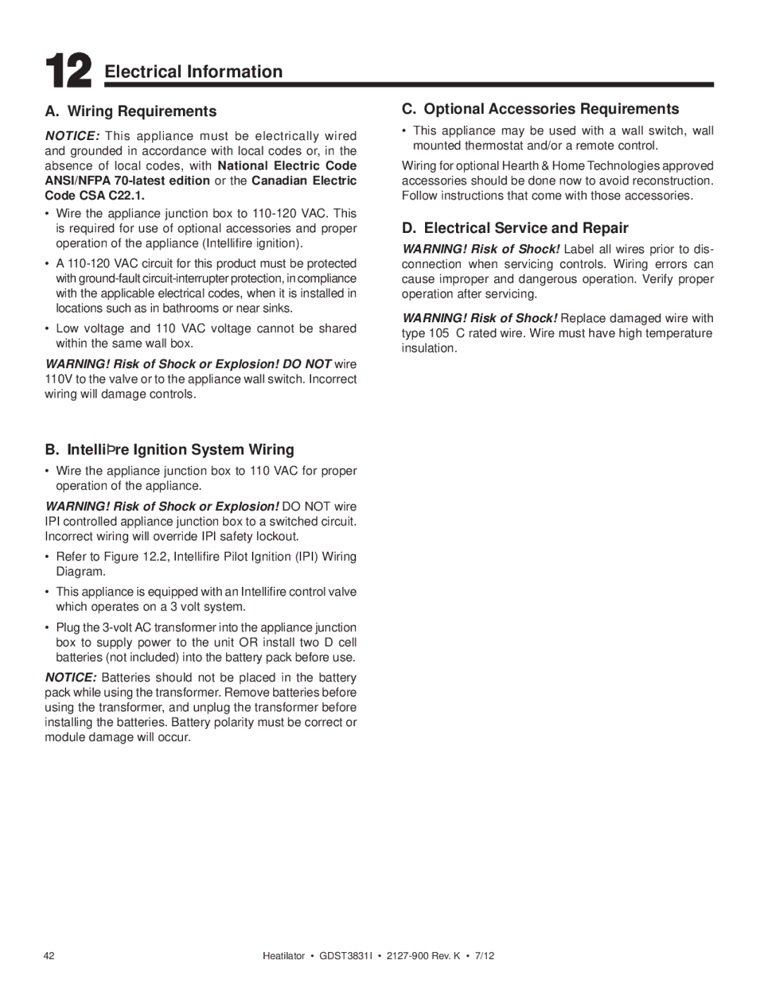 Heatiator GDST3831I Electrical Information, Wiring Requirements, Optional Accessories Requirements, Code CSA C22.1 