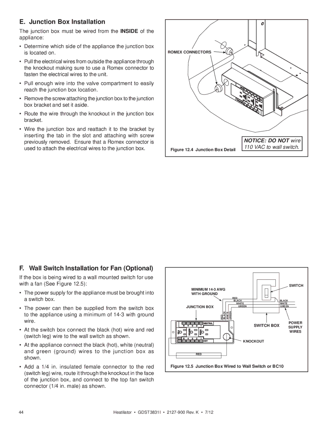 Heatiator GDST3831I owner manual Junction Box Installation, Wall Switch Installation for Fan Optional 