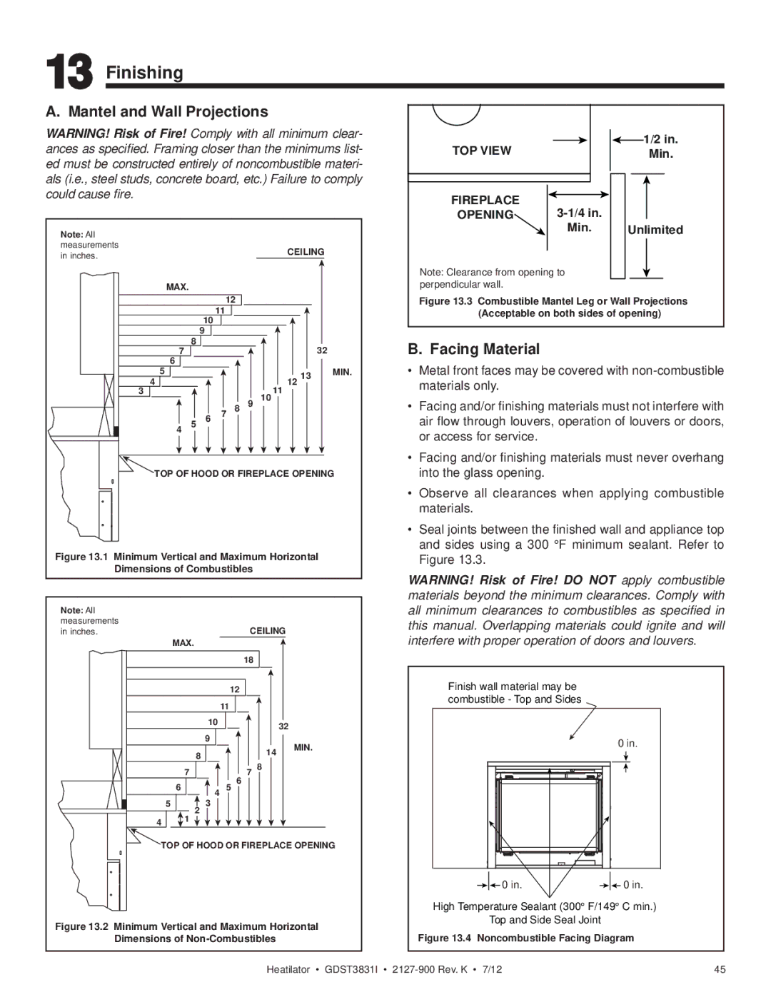 Heatiator GDST3831I owner manual Finishing, Facing Material, Metal front faces may be covered with non-combustible 