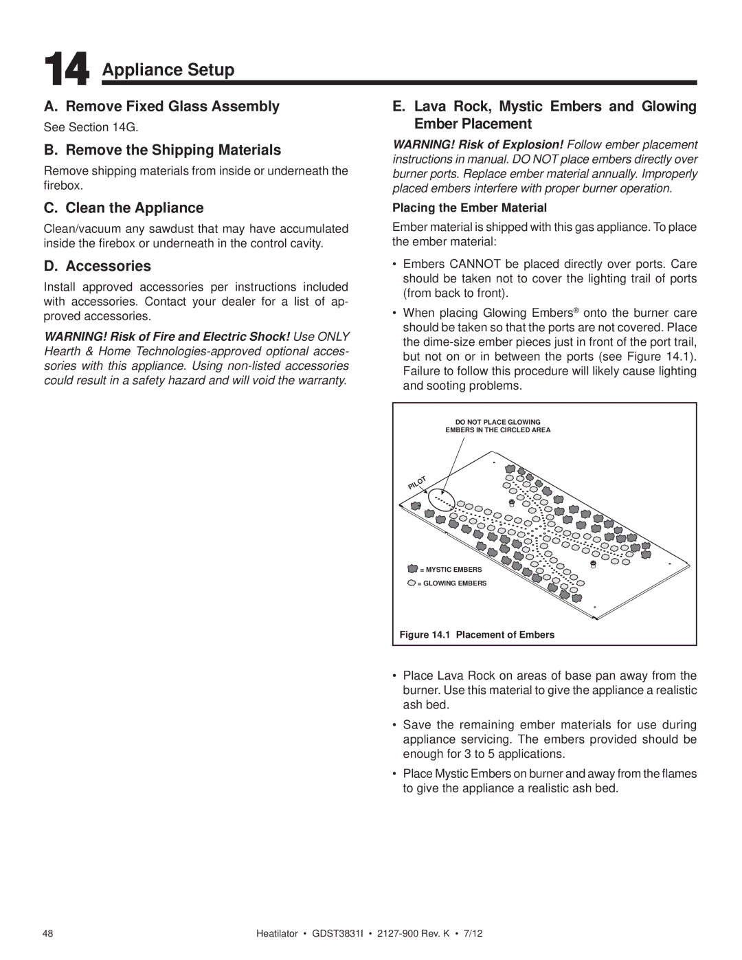 Heatiator GDST3831I owner manual Appliance Setup 