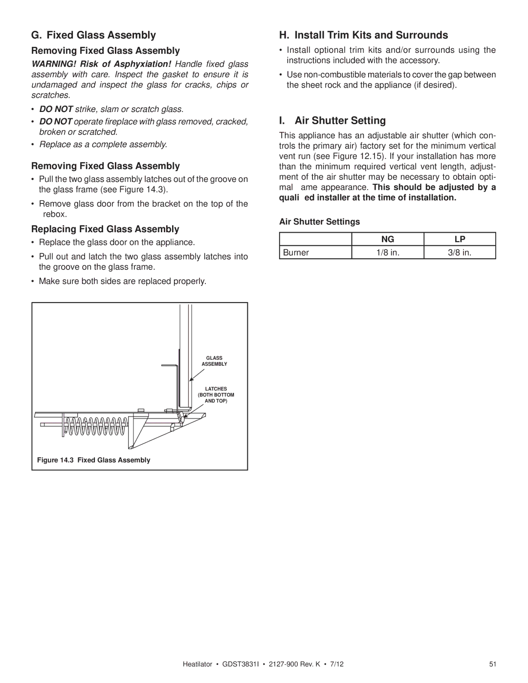 Heatiator GDST3831I owner manual Install Trim Kits and Surrounds, Air Shutter Settings 