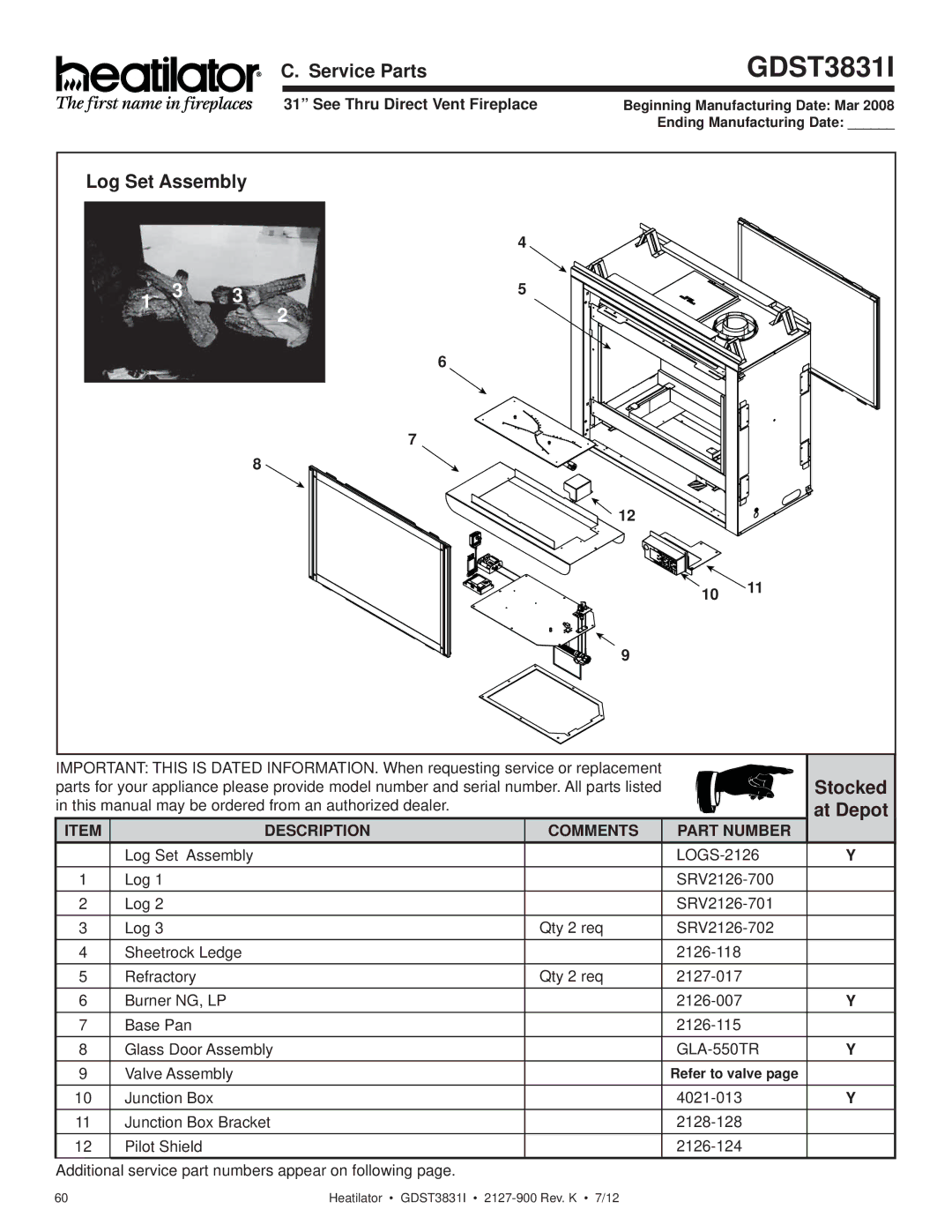 Heatiator GDST3831I owner manual Service Parts, Log Set Assembly, Stocked, At Depot, See Thru Direct Vent Fireplace 