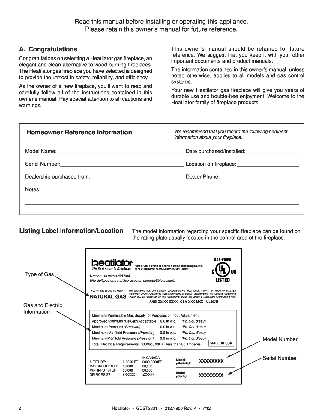 Heatiator GDST3831I owner manual A. Congratulations, Homeowner Reference Information 