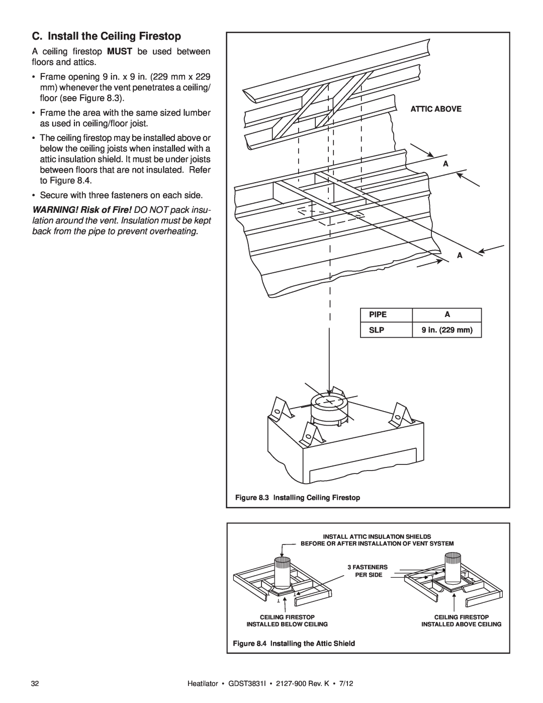 Heatiator GDST3831I owner manual C. Install the Ceiling Firestop 