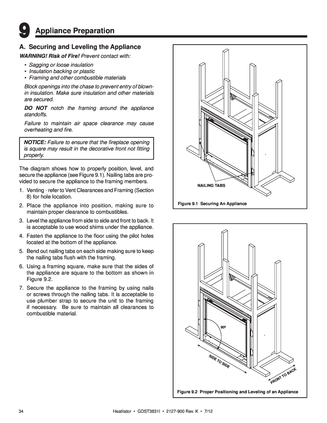 Heatiator GDST3831I owner manual Appliance Preparation, A. Securing and Leveling the Appliance 